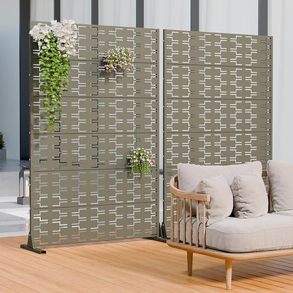 Casaphoria Metal Privacy Screen Outdoor, 72" H x 47" W Freestanding Decorative Privacy Screen for Patio Deck Balcony Garden with Stable Base, Grey-Brick