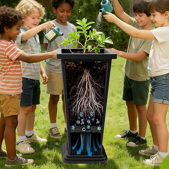 Tall Black Planters Outdoor Set of 2, Large Outdoor Tall Planters Pots with Tray, Modern Tapered Flower Planter for Front Porch, Patio, Garden (24", Ribbed)