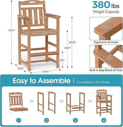 Ciokea Heavy Duty Bar Height Chair, 380lbs Outdoor Adirondack Tall Bar Chair Patio Stool with Arms & High Back, Heavy Duty All-Weather for Balcony, Poolside, Deck and Garden, Teak