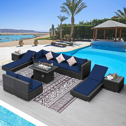 NICESOUL 11 Piece Outdoor Sectional with Fire Pit Table, 29.3'' High Back Rattan Patio Furniture Set with Firepit & Chaise Lounge, Large Deep Outdoor Sectional, 2 Color Cushion Navy Blue & Grey