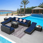 NICESOUL 11 Piece Outdoor Sectional with Fire Pit Table, 29.3'' High Back Rattan Patio Furniture Set with Firepit & Chaise Lounge, Large Deep Outdoor Sectional, 2 Color Cushion Navy Blue & Grey