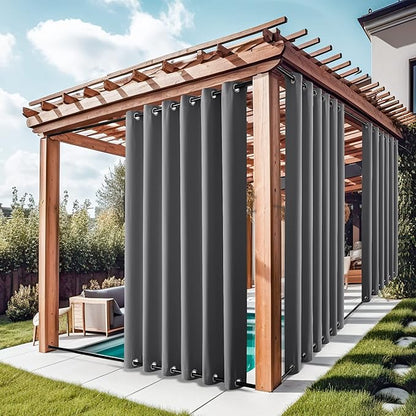 NICETOWN Gazebo Curtains for Patio Waterproof Extra Wide 2 Panels, Blackout Weatherproof Thermal Insulated Rustproof Top & Bottom Grommet Outdoor Windproof Drapes for Pergola, Grey, W84 x L84