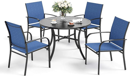 5 Piece Patio Dining Set for 4, 42" x 42" Round Metal Table with Umbrella Hole and 4 Blue Chairs, Outdoor Table and Chairs Set for Lawn Backyard and Deck