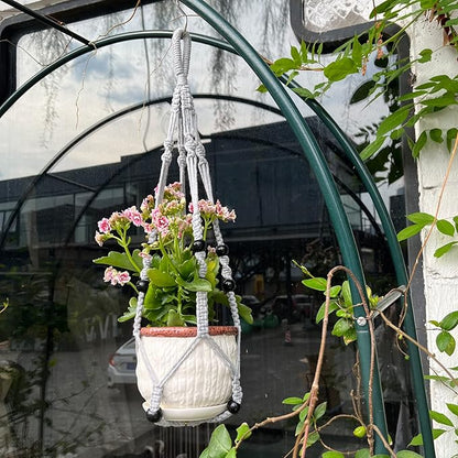 Macrame Plant Hanger for 5 to 10 Inch Plant Pots, Set of 2 Indoor Handmade 35 Inch Woven Rope Hanger Kits with Hooks and Wood Beads, Hanging Planter Basket Holder for Boho Home Decor (White, 2 Pack)