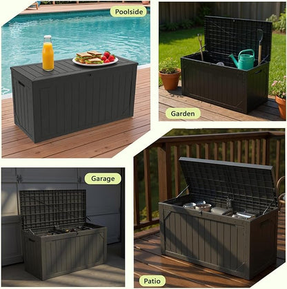 TARKARI 100 Gallon Lockable Resin Deck Box, Waterproof & UV-Resistant Outdoor Storage Box for Outdoor Cushion Storage, Garden Tools & Pool Accessories Storage, Black