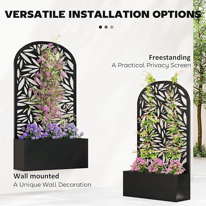 Outsunny Metal Raised Garden Bed with Trellis for Climbing Plants, Freestanding or Wall Mounted Flower Bed with Cueved Privacy Panel, Leaves Cut-Out Outdoor Planter Box for Garden, Patio, Balcony