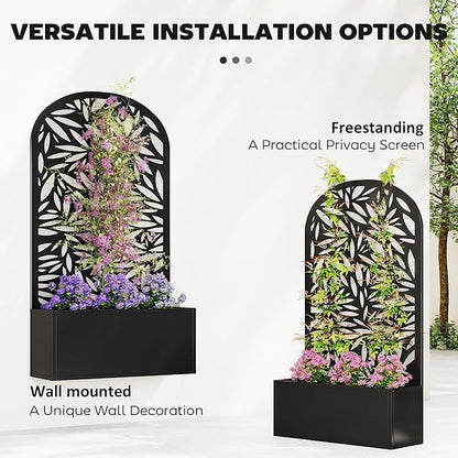 Outsunny Metal Raised Garden Bed with Trellis for Climbing Plants, Freestanding or Wall Mounted Flower Bed with Cueved Privacy Panel, Leaves Cut-Out Outdoor Planter Box for Garden, Patio, Balcony