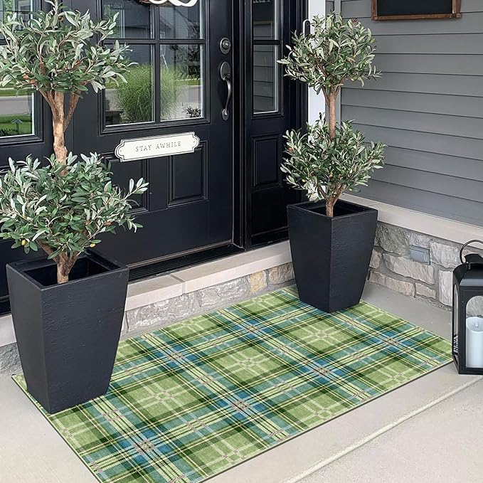 Outdoor Rug Tartan Door Mat in Green, 2 x 4 ft 3 in