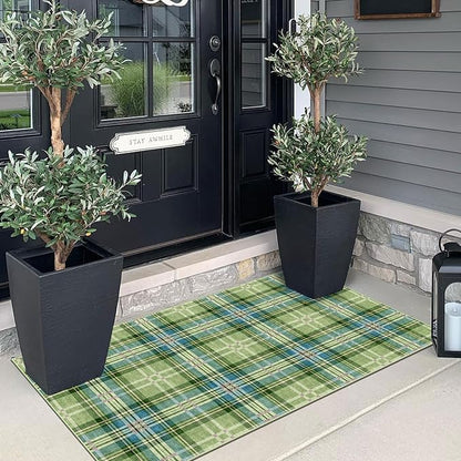 Outdoor Rug Tartan Door Mat in Green, 2 x 4 ft 3 in