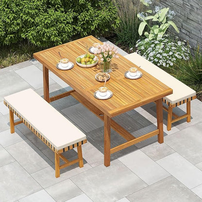 Tangkula 3 Piece Patio Dining Set for 4 People, 63” Outdoor Acacia Wood Rectangular Table with 1.97” Umbrealla Hole & 2 Cushioned Bench, for Deck Yard and Poolside