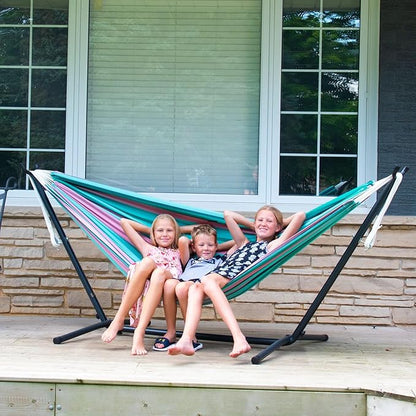 Vivere Double Cotton Hammock with Space Saving Steel Stand, Upgraded Polyester End Strings 450 lb Capacity - Premium Carry Bag Included - USA Grown Cotton (Watermelon)