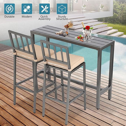 Outdoor Bar Table, Patio Console Pub Height Tables with Powder Coated Steel Frame, Weather Resistant Waterproof Top for Hot Tub, Balcony, Garden, Yard, Poolside (63" Bar Table, Grey)