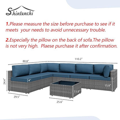 Shintenchi 7 Pieces Outdoor Patio Furniture Sets, Patio Sectional Sofa Couch, Silver Gray PE Wicker Furniture Modular Patio Conversation Sets Patio Sofa with Washable Cushions (Aegean Blue)