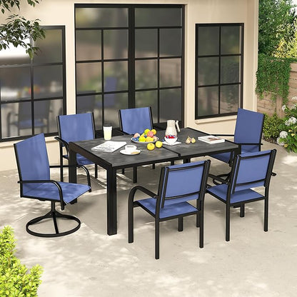 7-Piece Outdoor Patio Dining Set for 6, 59” Table with 4 Textilene Dining Chairs & 2 Swivel Chairs, Patio Furniture Set with Durable Metal Frame for Backyard Garden, Deck, and Poolside (Blue)