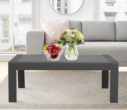 All-Weather Aluminum Outdoor Coffee Table, Modern Coffee Table for Outside, Rectangle Patio Coffee Table for Balcony Garden, Deep Grey