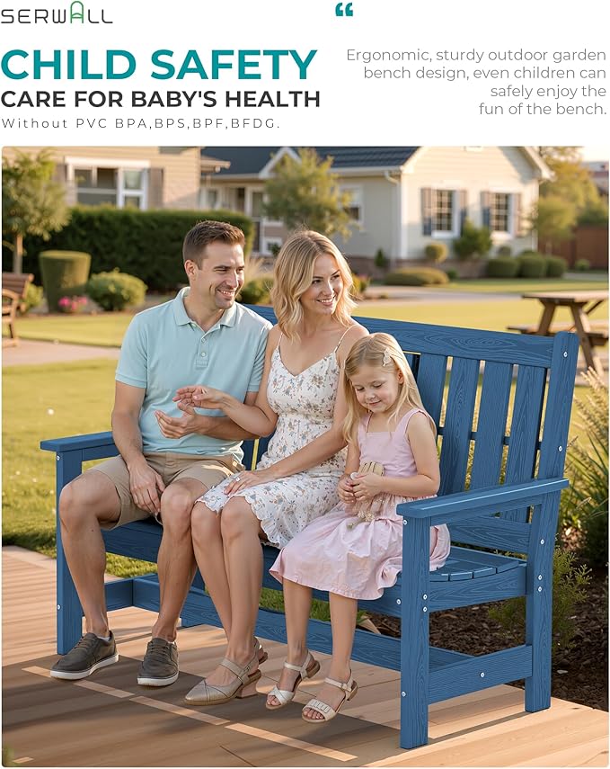 SERWALL Outdoor Bench with Cup Holder, 58" HDPE Front Porch Bench Suitable for 3 Person, All Weather Patio Benches with High Backrest and Wide Armrests for Garden, Park, Yard, Navy