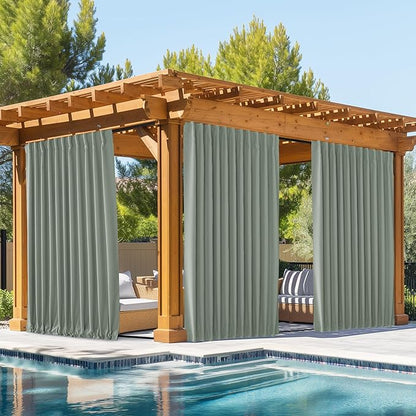NICETOWN 2 Panels Outdoor Curtains Waterproof Pocket & Back Tab on Top & Bottom, Thermal Insulated Windproof Sun Blocking Outside Privacy Drapes for Patio with Fixed Rope, W84 x L84, Sage Green