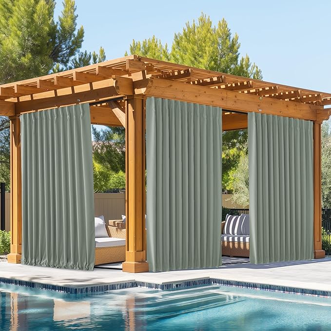 NICETOWN 2 Panels Outdoor Curtains Waterproof Pocket & Back Tab on Top & Bottom, Thermal Insulated Windproof Sun Blocking Outside Privacy Drapes for Patio with Fixed Rope, W84 x L95, Sage Green