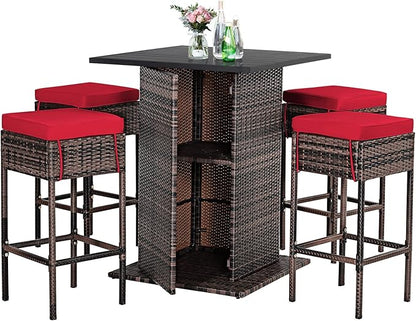 Tangkula 5 Piece Outdoor Rattan Bar Set, Patio Bar Furniture with 4 Cushions Stools and Smooth Top Table with Hidden Storage Shelf, Outdoor Conversation Set for Poolside, Backyard, Lawn (Red)
