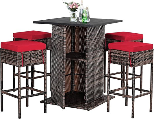 Tangkula 5 Piece Outdoor Rattan Bar Set, Patio Bar Furniture with 4 Cushions Stools and Smooth Top Table with Hidden Storage Shelf, Outdoor Conversation Set for Poolside, Backyard, Lawn (Red)