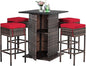 Tangkula 5 Piece Outdoor Rattan Bar Set, Patio Bar Furniture with 4 Cushions Stools and Smooth Top Table with Hidden Storage Shelf, Outdoor Conversation Set for Poolside, Backyard, Lawn (Red)
