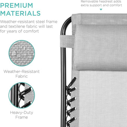 Best Choice Products Set of 2 Adjustable Steel Mesh Zero Gravity Lounge Chair Recliners w/Pillows and Cup Holder Trays - Ice Gray