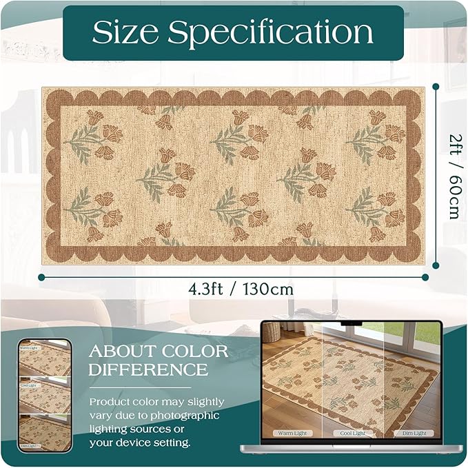 Outdoor Rug with Floral Print, Scalloped Edge, 2 x 4.3 Ft
