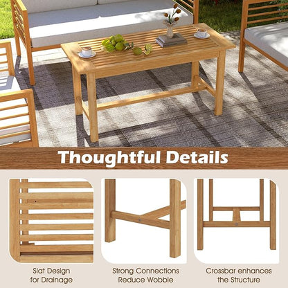 Tangkula 36” Patio Coffee Table, Solid Wood Coffee Table with Slatted Tabletop, Outdoor Rectangular Side Table, Solid Teak Wood Cocktail Tea Table, Home Accent Table for Poolside, Backyard, Garden