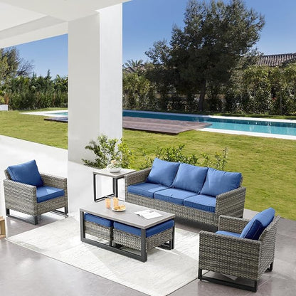 Belord 7 Piece Outdoor Furniture Patio Wicker Sofa Set, Oversize Outdoor Dining Chairs with Rattan Ottomans, Conversation Sets Patio Furniture Come with Removable Washable Cushion Blue