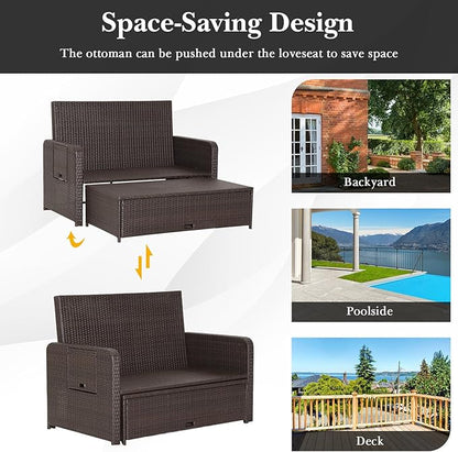 LDAILY Moccha Outdoor Daybed, Wicker Loveseat Sofa Set with 4-Postion Adjustable Backrest, Storage Ottoman, Cushions, Rattan Double Bed Lounger, Patio Furniture Set (Gray)