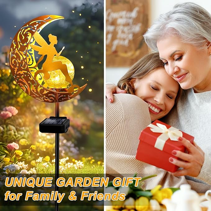 YJFWAL Garden Solar Lights Pathway Stake Lights Moon Fairy Glass Globe with Angel Decor, Christmas Gift for Mom Grandma Friends, Outdoor Decor Light Waterproof for Walkway, Patio, Garden (Warm White)