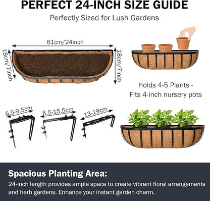 24“ Window Box Railing Planter with Coco Liner Metal Wall-Mounted Coconut Liner Planter Basket English Horse Trough Planters for Outdoor Deck Balcony Porch Fence Patio Black (2 Pack)