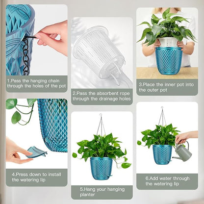QCQHDU Self Watering Hanging Pots, 2 Pack 5.7 Inch Hanging Planters for Plants Indoor, Outdoor Flower Pots with Drainage Holes and 3 Hooks Chains for Garden Home (Klein Blue)