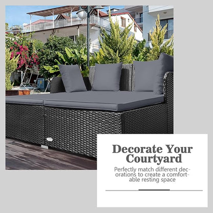 HAPPYGRILL Outdoor Rattan Daybed Patio Loveseat Sofa Set with Padded Cushion Pillows and Sturdy Aluminum Foot Wicker Patio Furniture for Garden Porch Poolside