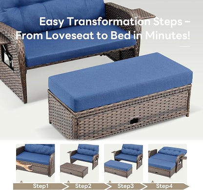 Belord Oversize Outdoor Daybed Set - Patio Recliner Loveseat with Storage Ottoman, Wicker Double Lounge Chair wth 5 Level Adjustable Backrest and 2 Retractable Table