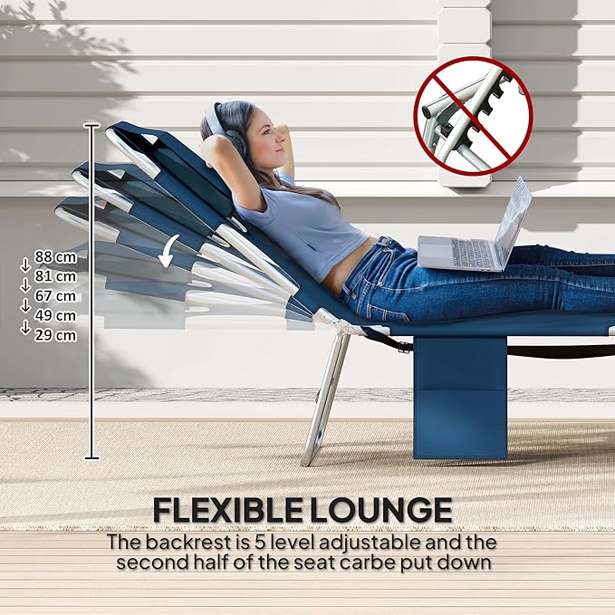 Outsunny Chaise Lounge Chair Outdoor with Face Arm Hole, 5-Position Reclining Face Down Tanning Chair with Carry Strap, Side Pocket, Portable Folding Bed Cot for Patio Beach Pool, Dark Blue