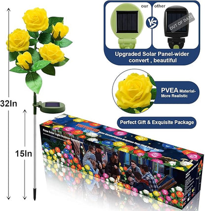 Solar Flower Lights Outdoor - Upgraded New Material Two Modes Realistic LED Solar Powered Waterproof Lights with 5 Roses, Solar Decorative Stake Lights for Garden (Yellow, 1 Pack)
