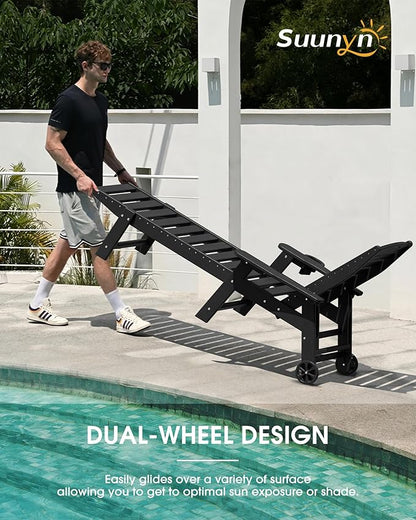 Chaise Lounge Outdoor, Lounge Chair Outdoor with Wood Texture, Adjustable 5-Position Backrest, HDPE Lounge Chair with Wheels & Cup Holder for Pool Deck Backyard, Black