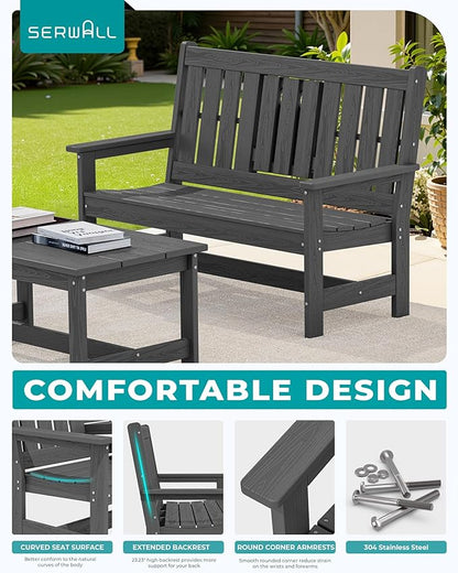 SERWALL Outdoor Bench with Cup Holder, 58" HDPE Garden Park Bench Suitable for 3 Person, All Weather Patio Benches with High Backrest and Wide Armrests for Garden, Park, Yard, Front Porch, Grey
