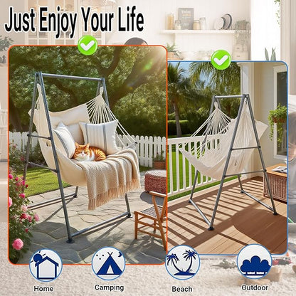 Hammock Chair Stand with X-Large Swing Chair with Footrest，Anti-Tip Thickened Weather-Resistant Iron Pipe Swing Frame, 450Lbs Stand Capacity Quick Assembly for Indoor Outdoor (White)