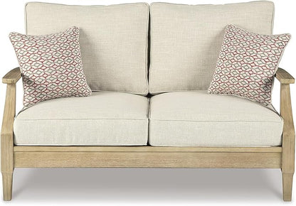 Signature Design by Ashley Clare View Coastal Outdoor Loveseat, Cushioned with Nuvella Fabric, Protective Finish, Eucalyptus Wood, 55.5" W x 35" D x 32" H, Beige