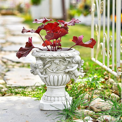 Sungmor Garden Cherub Urn Planter, Lovely Resin Angel Statue Flower Pots, Vintage European Style Planter, Rustic White Whimsy Fairy Decorative Plant Pot, Beautiful Pot for Indoor Outdoor Flowers