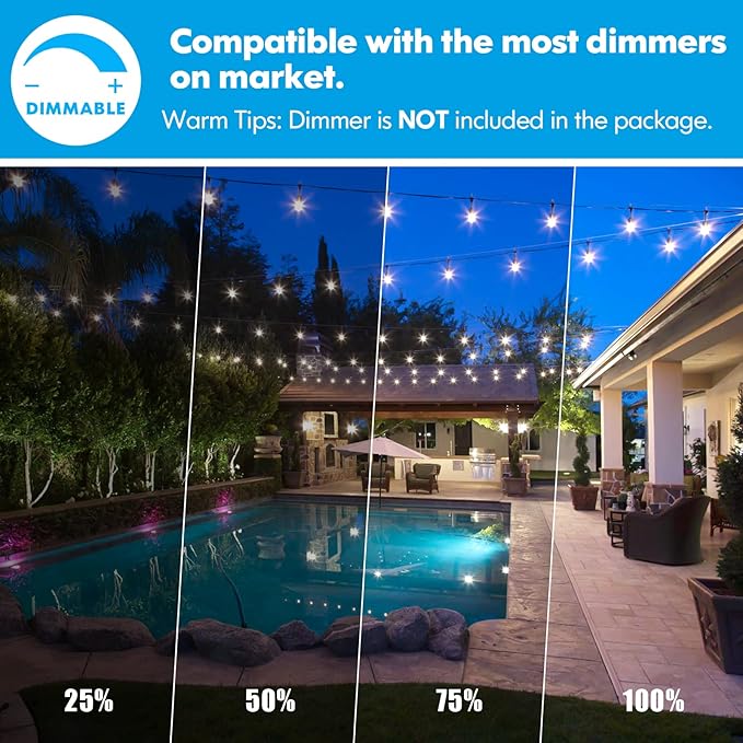 Lakumu 48FT LED Outdoor String Lights for Patio with Waterproof Shatterproof E12 S14 Edison Bulbs 5000K Daylight White Dimmable Linkable Hanging Light Strings for Deck Pergola Bistro Cafe Balcony Bar
