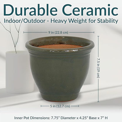 Sunnydaze Round Ceramic Planter - Set of 2 Indoor or Outdoor Plant Pots with Drainage Hole - Studio - 9" - Gray Glaze