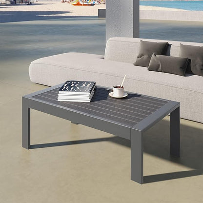 All-Weather Aluminum Outdoor Coffee Table, Modern Coffee Table for Outside, Rectangle Patio Coffee Table for Balcony Garden, Deep Grey