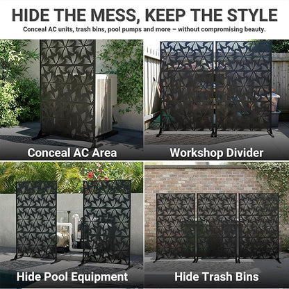 72in Metal Privacy Screen Outdoor Decorative Panel – Freestanding Rustproof Steel Patio Divider for Garden, Backyard, or Balcony, Modern Laser Cut Design for Stylish Privacy & Outdoor Decor