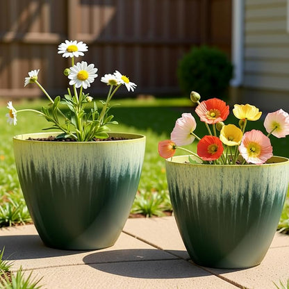 8 inch Plant Pots with Drainage Holes, Pack of 4 Plastic Flower Pots Indoor, Modern Glossy Finishing Planter for Indoor Outdoor Plants (Green Glaze, 4 Pack)