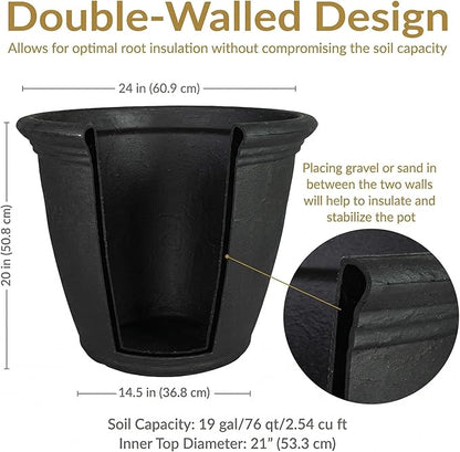 Sunnydaze 24-Inch Anjelica Large Plastic Pot for Plants - Outdoor Double-Walled Large Plastic Planter with Drillable Drainage Holes - Matte Black - 4pk