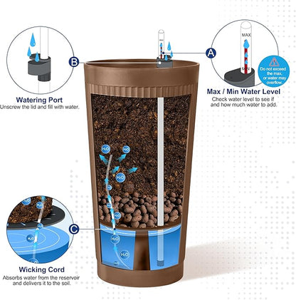FENCY 2Pack 24IN Self Watering Planter for Indoor Plants, Plastic Large Planter for Outdoor Plants, Water Level Indicator& Spacious Reservoir Flower Planter Decorative(Brown)