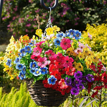 Artificial Flowers for Outdoor, UV Resistant Fake Silk Flowers, Realistic Faux Plants for Outside Indoor Porch Patio Window Box Planter Home Decor (20, Yellow Purple Rosy Red Blue)